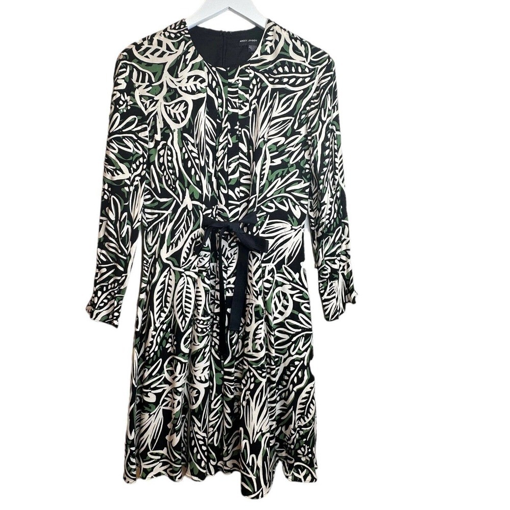 Maggy London Black Green Crew-Neck Long Sleeve Pleated Lined Midi Dress Size 4
